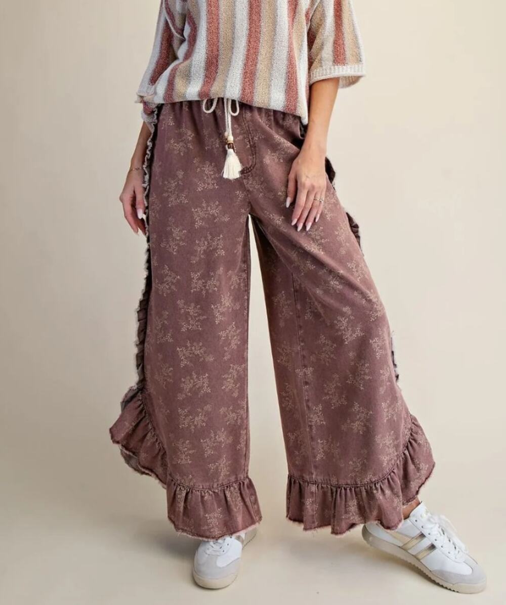 Easel Mauve Floral Washed Denim Ruffle Palazzo Pants L NWT - Romantic Comfort